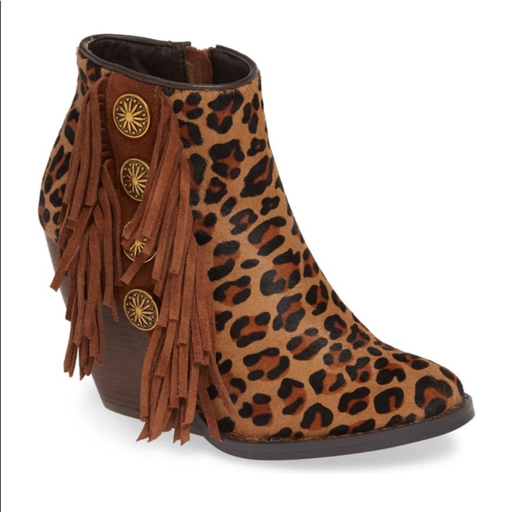 Leopard fringe concho booties with wedge heel